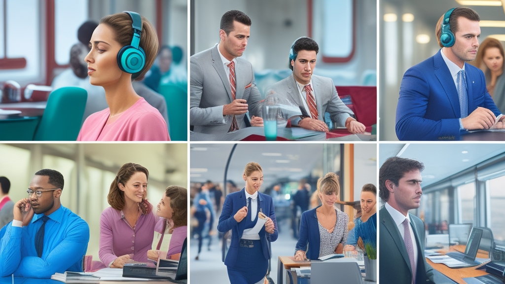 Életmód montázs különböző fülhallgató típusok használatával - futó in-ear fülhallgatóval, irodai dolgozó over-ear modellel, utazó on-ear fülhallgatóval