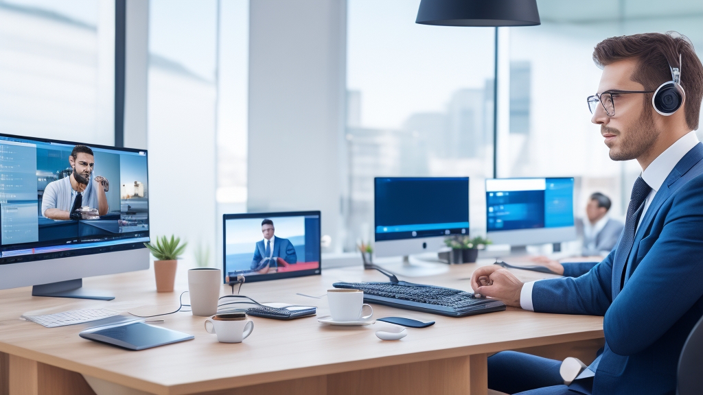 Professzionális irodai dolgozó vezeték nélküli fülhallgatót használ videókonferencia során modern home office környezetben